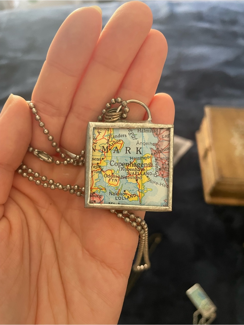 Denmark Flag Pendant Necklace - Silver Tone with Red and White Enamel - Picture 2 of 2